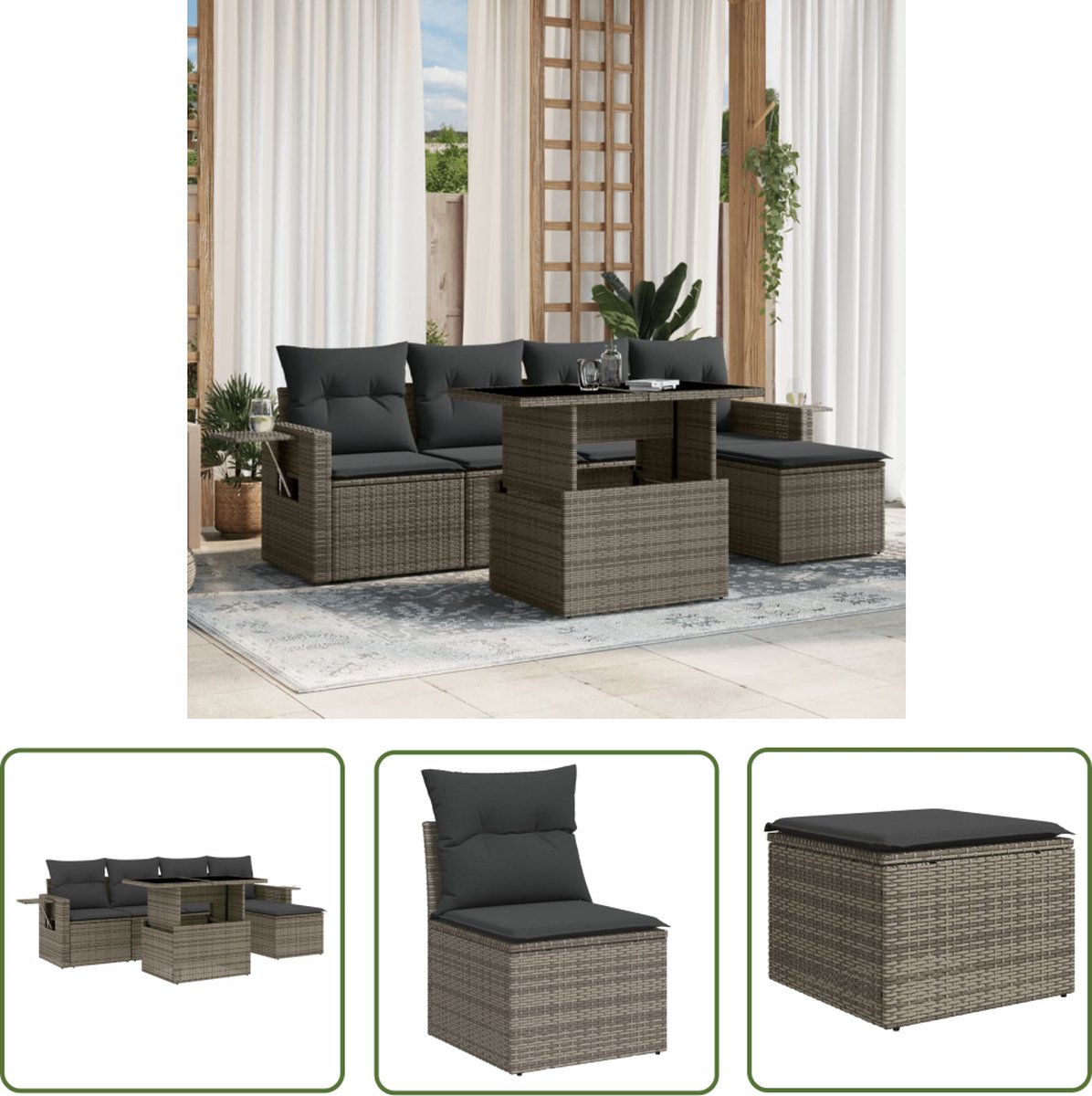 Loungeset van poly rattan in grijs met kussens voor buiten.