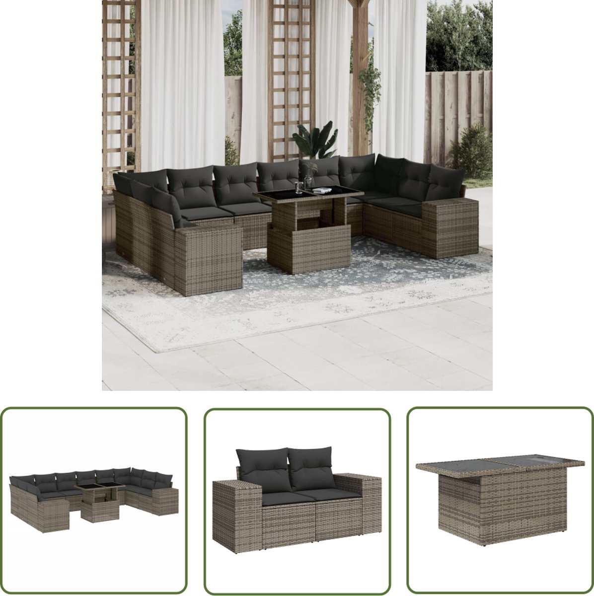 Grijze poly rattan loungeset met kussens voor buiten - The Living Store.