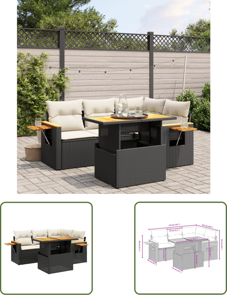 The Living Store 5-delige Loungeset met kussens poly rattan zwart - Loungeset - Tuinset - Tuinmeubels - Lounge Set - Pe Rattan
