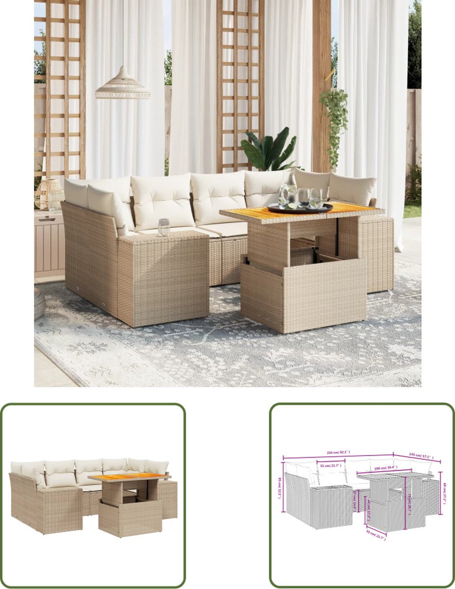 Poly rattan beige loungeset met kussens voor tuin en terras.