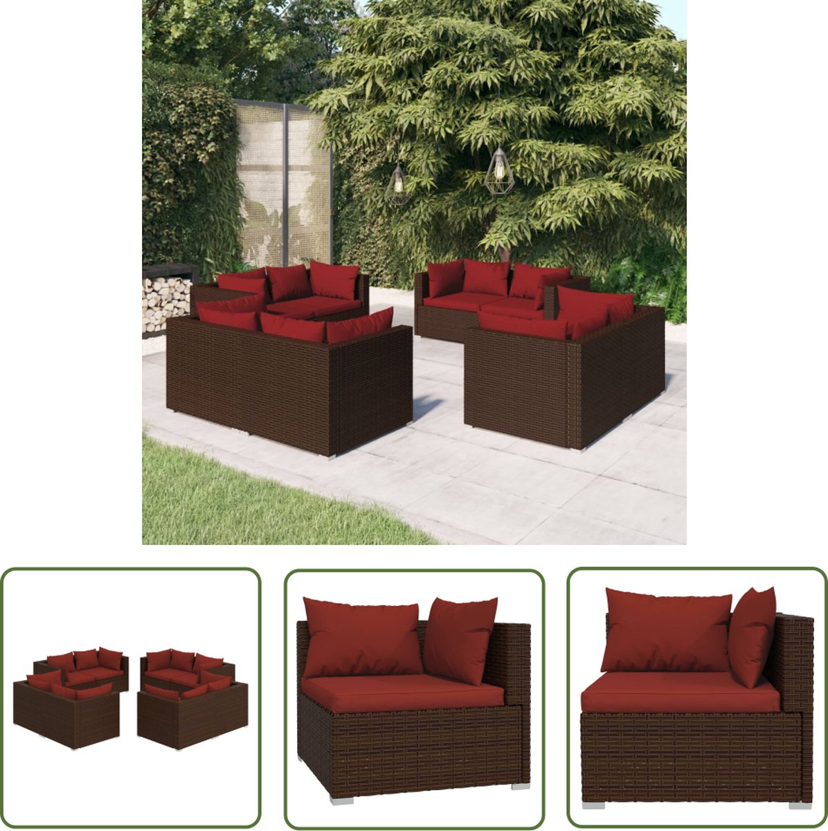 Bruine poly rattan loungeset met kussens voor buiten - The Living Store.