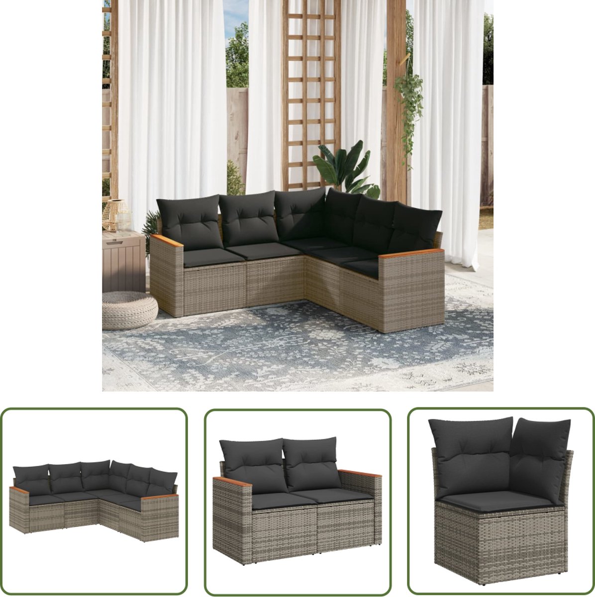 The Living Store 5-delige Loungeset met kussens poly rattan grijs - Loungeset - Lounge Set - Tuinset - Buitendecoratie - Tuinmeubels