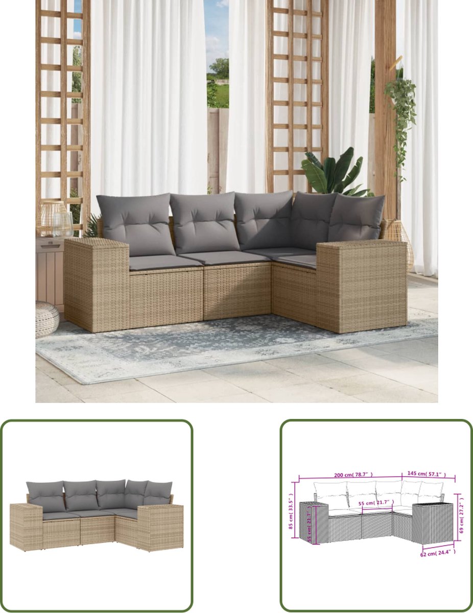 The Living Store 4-delige Loungeset met kussens poly rattan beige - Loungebank - Lounge Set - Tuinset - Buitendecoratie - Outdoor Furniture