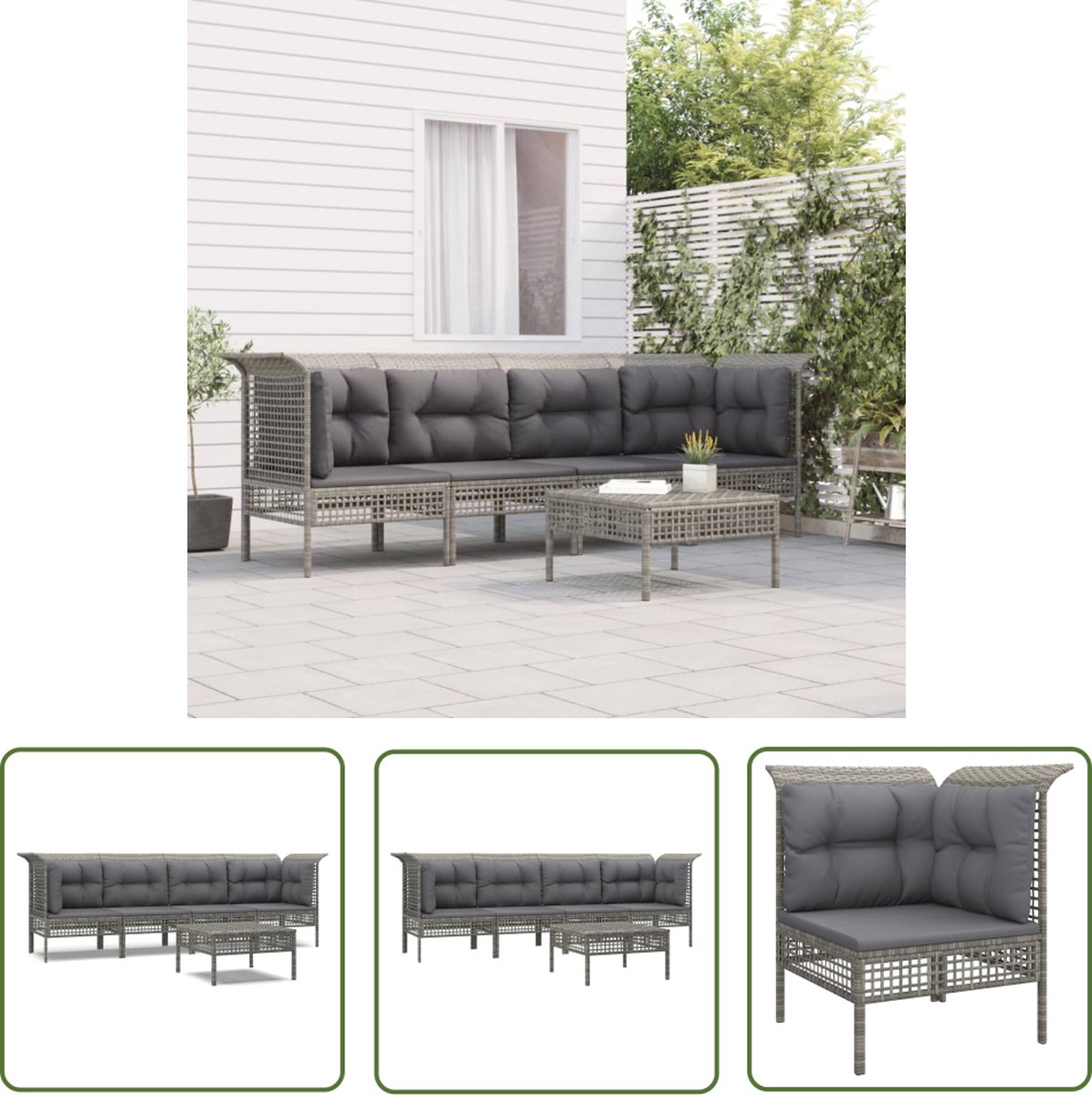 The Living Store 5-delige Loungeset met kussens poly rattan grijs - Loungeset - Tuinset - Lounge Bank - Hoekbank - Middenbank