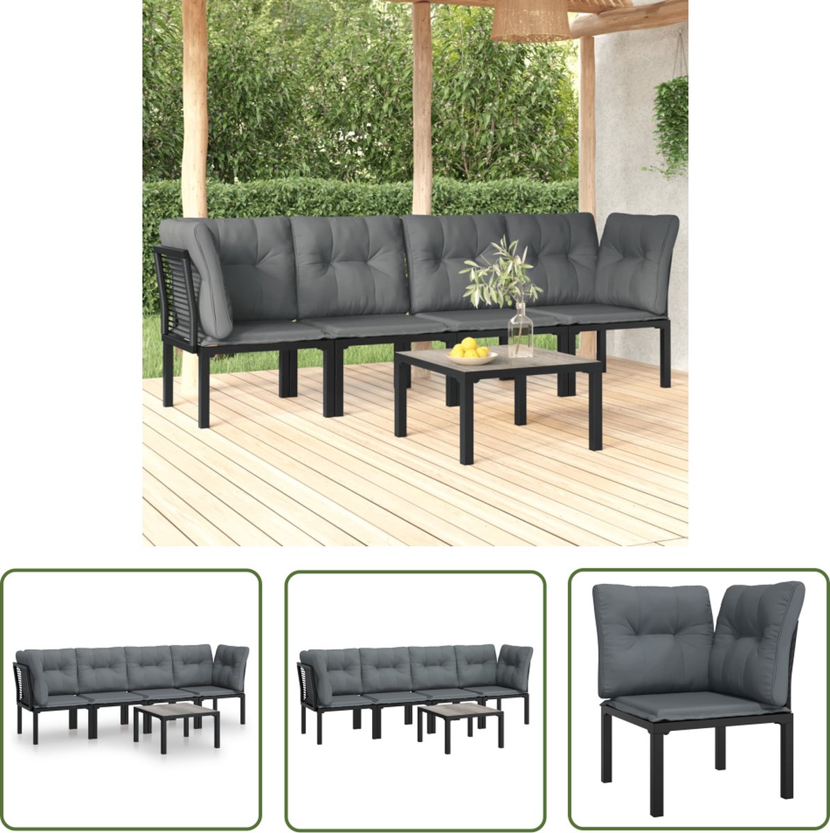 The Living Store 5-delige Loungeset poly rattan zwart en grijs - Loungeset - Tuinset - Lounge - Buitendining - Relaxen