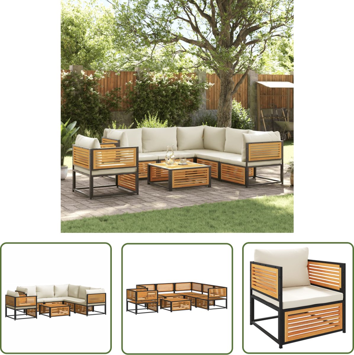 Tuinbankstel van massief acaciahout met kussens - Loungeset - Acacia Hout