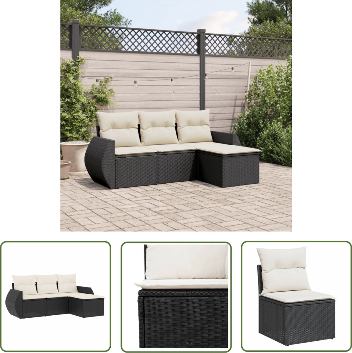 The Living Store 4-delige Loungeset met kussens poly rattan zwart - Loungeset - Tuinset - Lounge - Outdoor Furniture - Garden Furniture