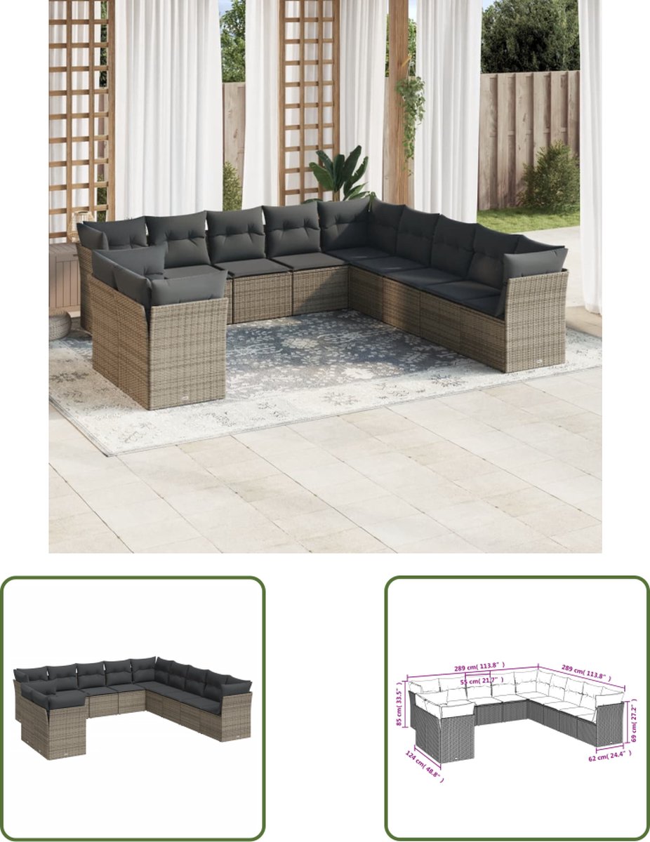 The Living Store 11-delige Loungeset met kussens poly rattan grijs - Loungebank - Lounge Set - Tuinlounge - Buitendining - Outdoor Furniture