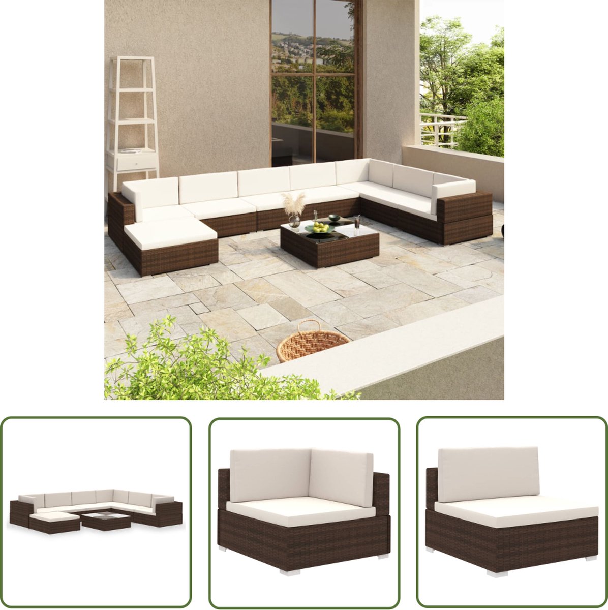 Bruin poly rattan loungeset met kussens voor tuin en terras.