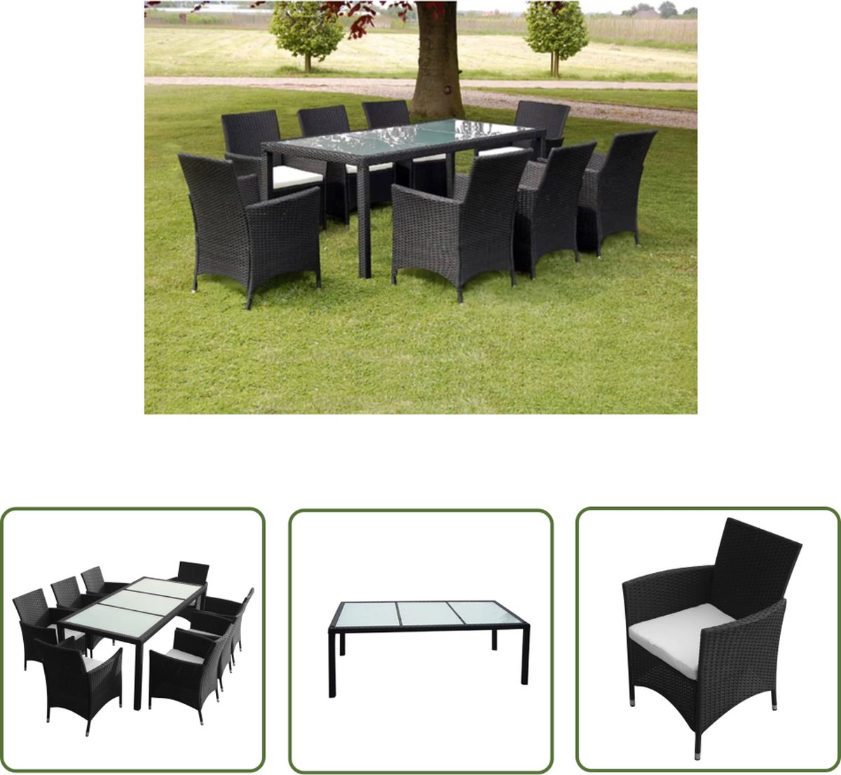 The Living Store poly rattan zwarte tuinset met kussens - 9-delig.