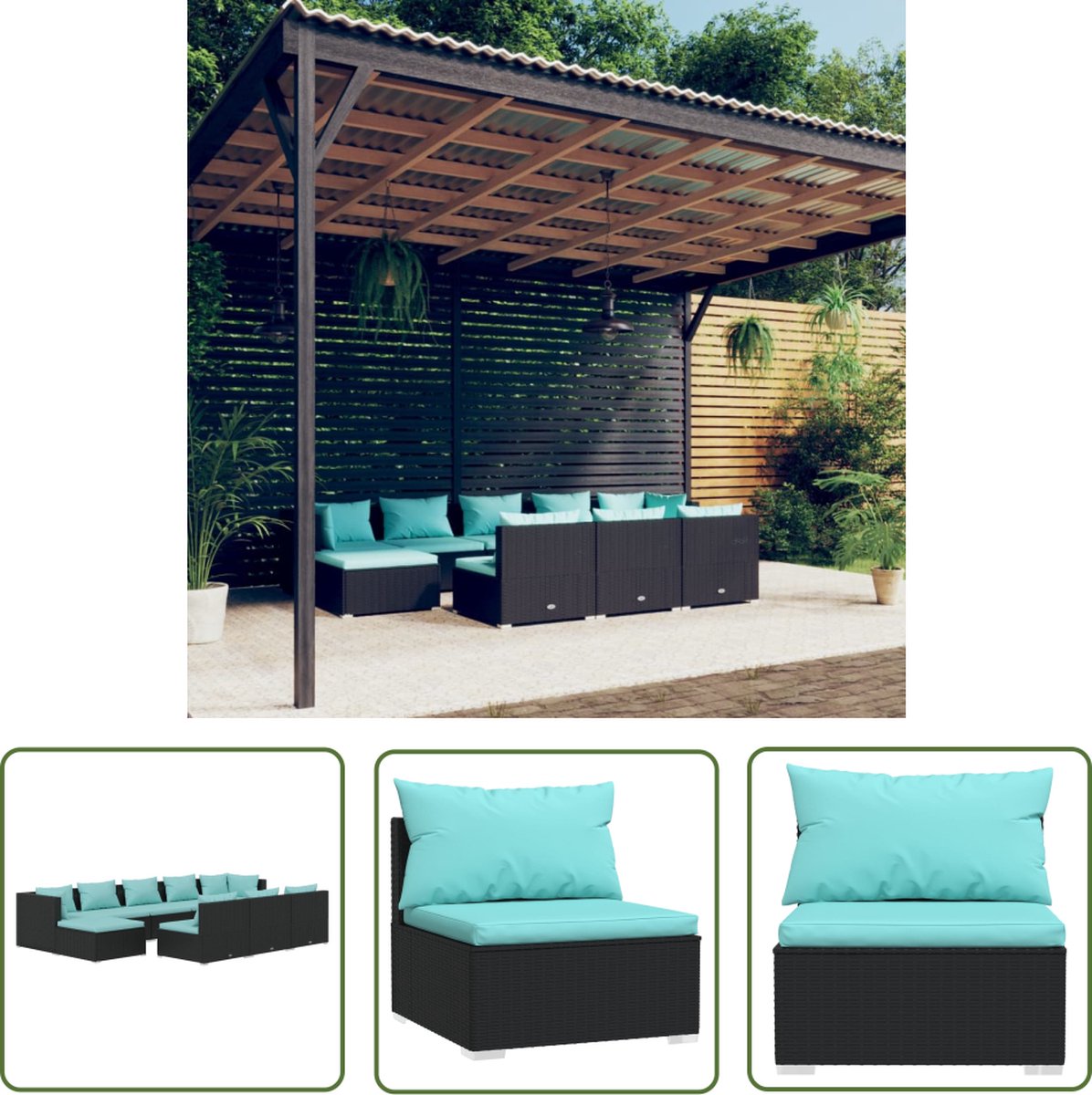 The Living Store 10-delige Loungeset met kussens poly rattan zwart - Loungeset - Zwarte Loungestoel - Lounge Bank - Buitendiner - Tuinset