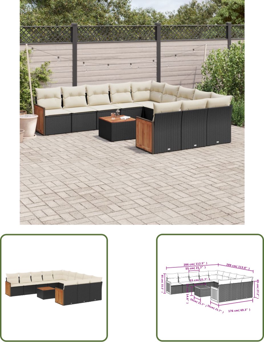 The Living Store 12-delige Loungeset met kussens poly rattan zwart - Loungeset - Tuinlounge - Lounge Set - Buitendiner - Outdoor Furniture