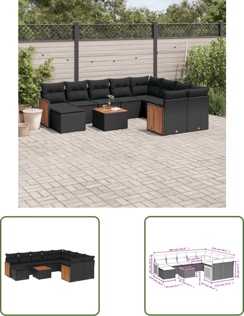 The Living Store 11-delige Loungeset met kussens poly rattan zwart - Loungeset - Tuinmeubels - Lounge Set - PE-rattan - Zwarte Tuinstoel