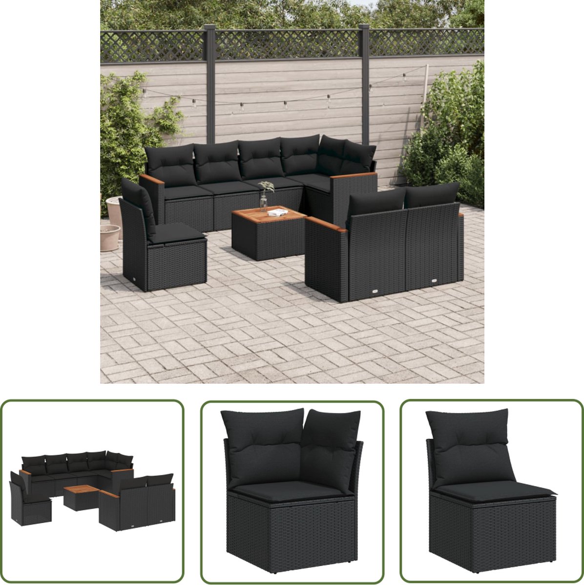 The Living Store 9-delige Loungeset met kussens poly rattan zwart - Loungebank - Lounge Set - Tuinmeubles - Buitendecoratie - Tuinlounge