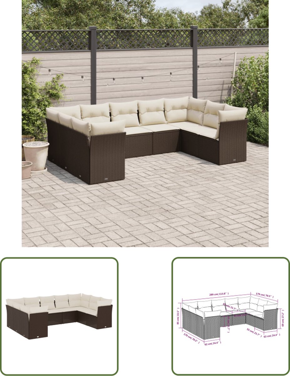 Bruine poly rattan loungeset met kussens voor buiten - The Living Store.