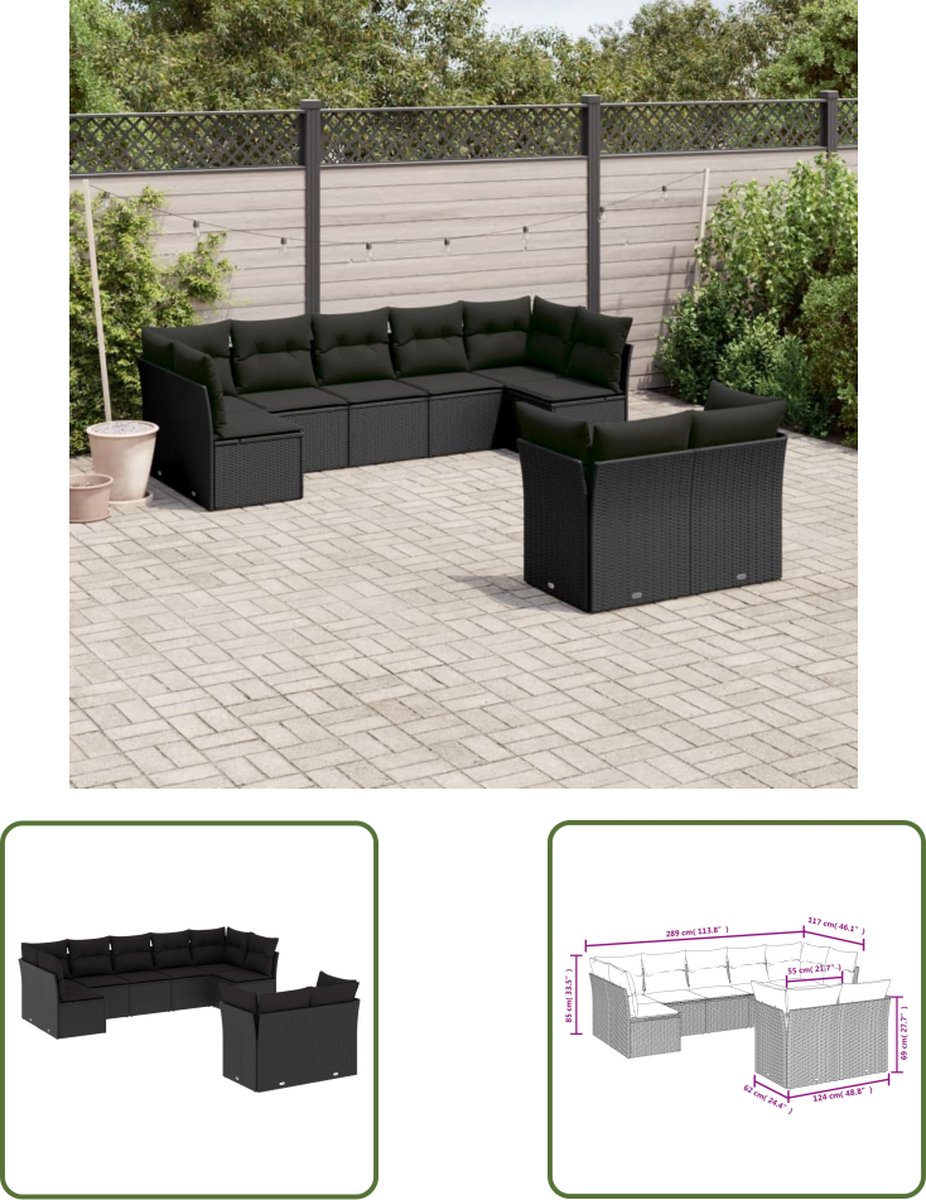 Zwart poly rattan loungeset met kussens - The Living Store.