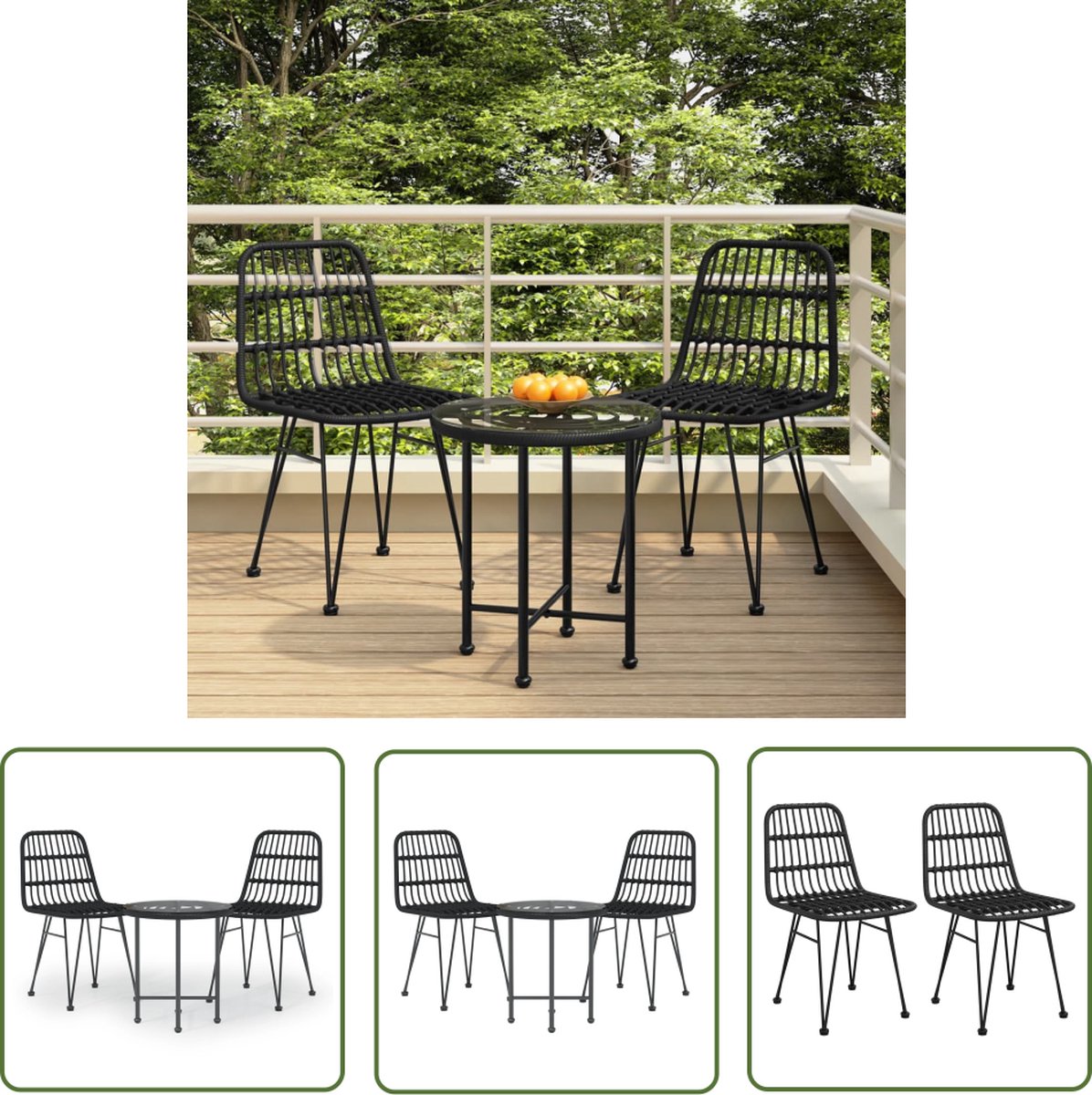 Zwarte poly rattan tuinset met tafel en stoelen.