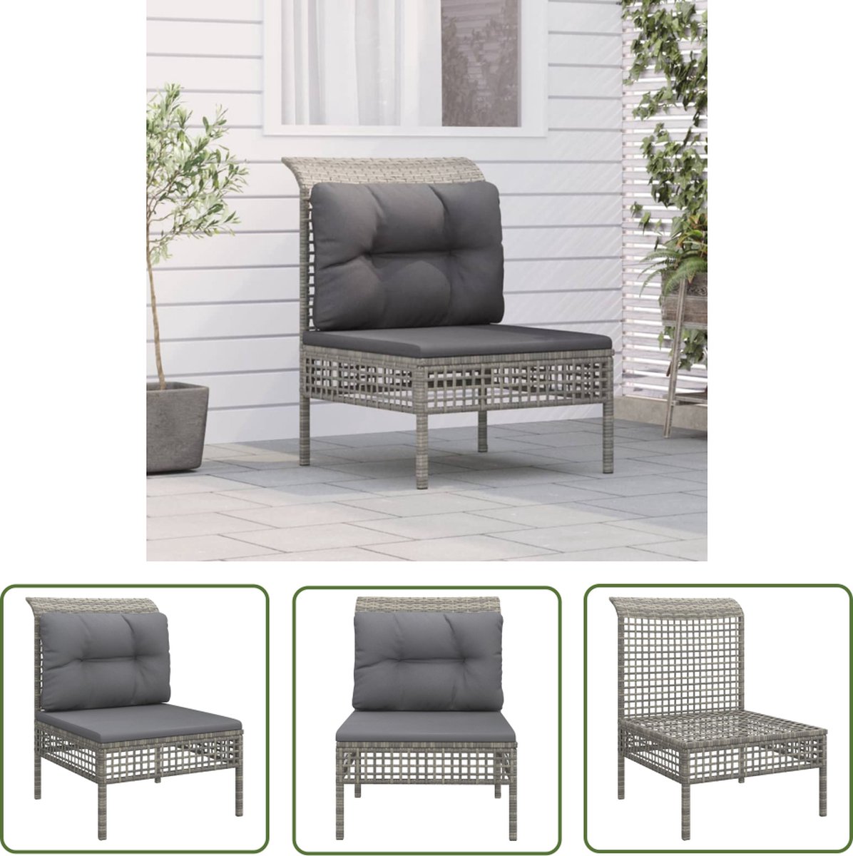 The Living Store Tuinmiddenbank met kussens poly rattan grijs - Tuinbank - Buitenbank - Lounge Set - Tuinset - Patio Furniture