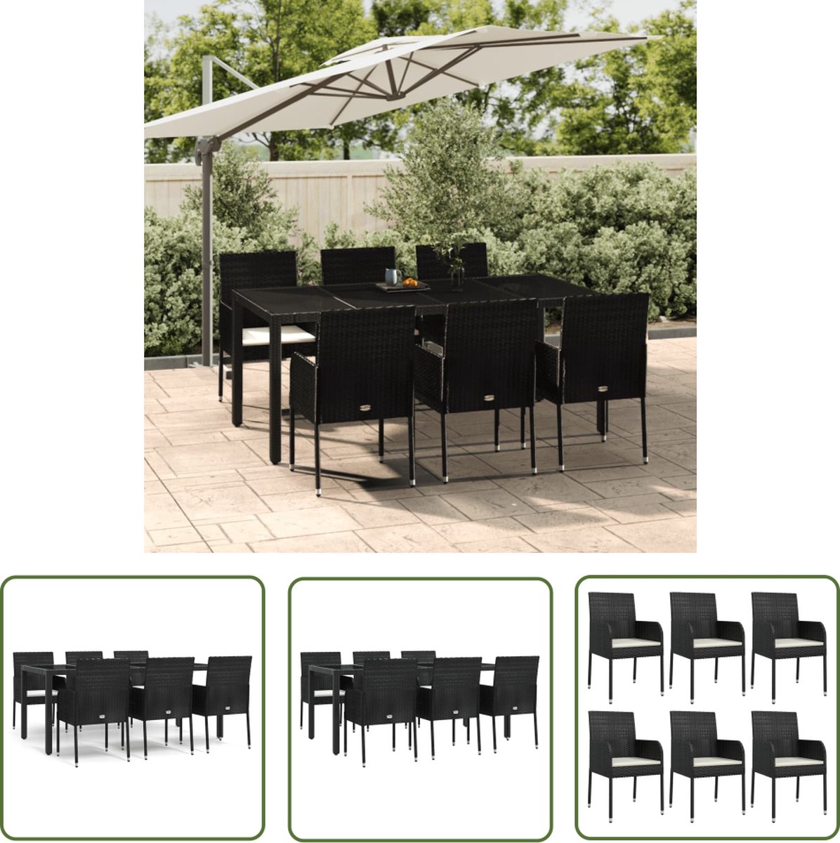 The Living Store 7-delige Tuinset met kussens poly rattan zwart - Tuinset - Wicker - Outdoor Furniture - Lounge Set - Eetkamerset