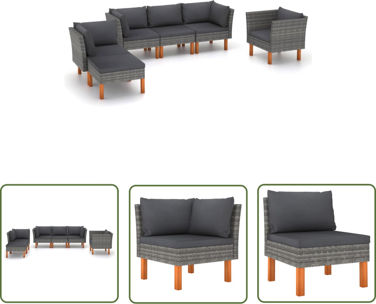 The Living Store 6-delige Loungeset poly rattan en eucalyptushout grijs - Tuinbank - Lounge Set - Buitendecoratie - Patio Furniture - Garden Sofa