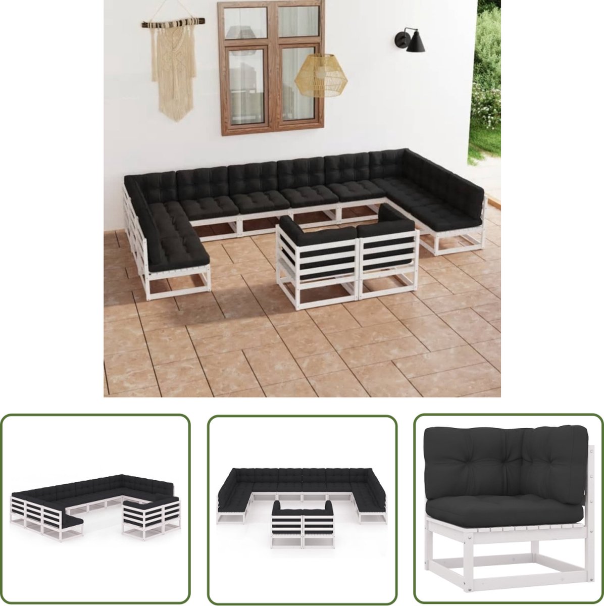 The Living Store 12-delige Loungeset met kussens massief grenenhout wit - Loungeset - Tuinset - Houten Lounge - Tuinmeubilair - Grenenhout