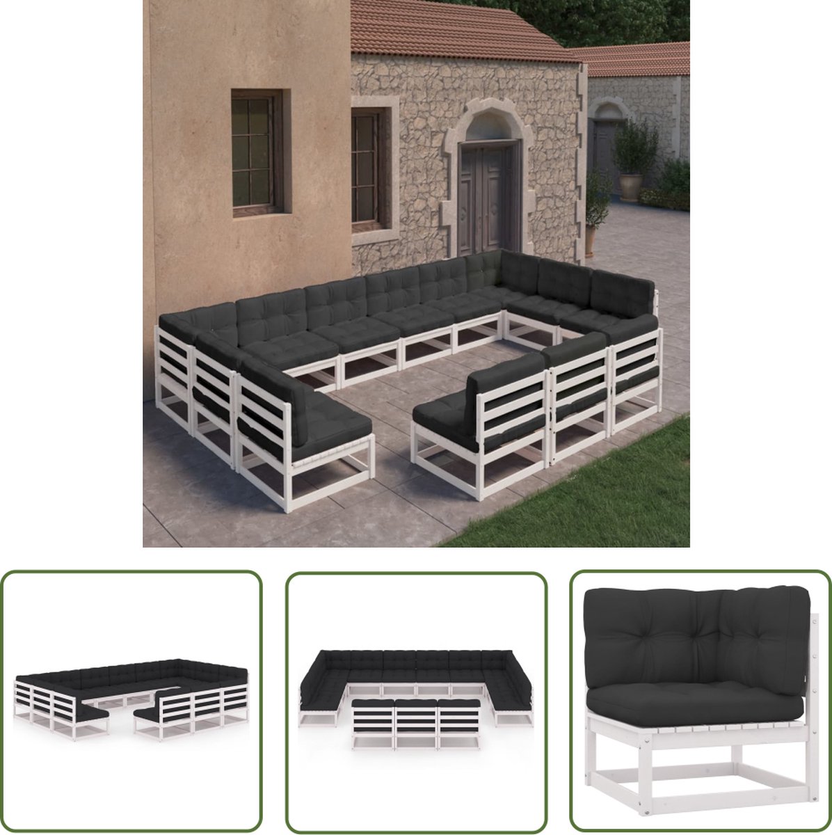 13-delige witte loungeset van massief grenenhout met kussens, The Living Store.