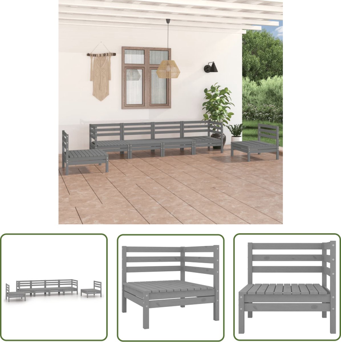 The Living Store 6-delige Loungeset massief grenenhout grijs - Tuin Lounge Set - Houten Loungebank - Buitendiner Set - Terrasfurniture - Zitgelegenheid