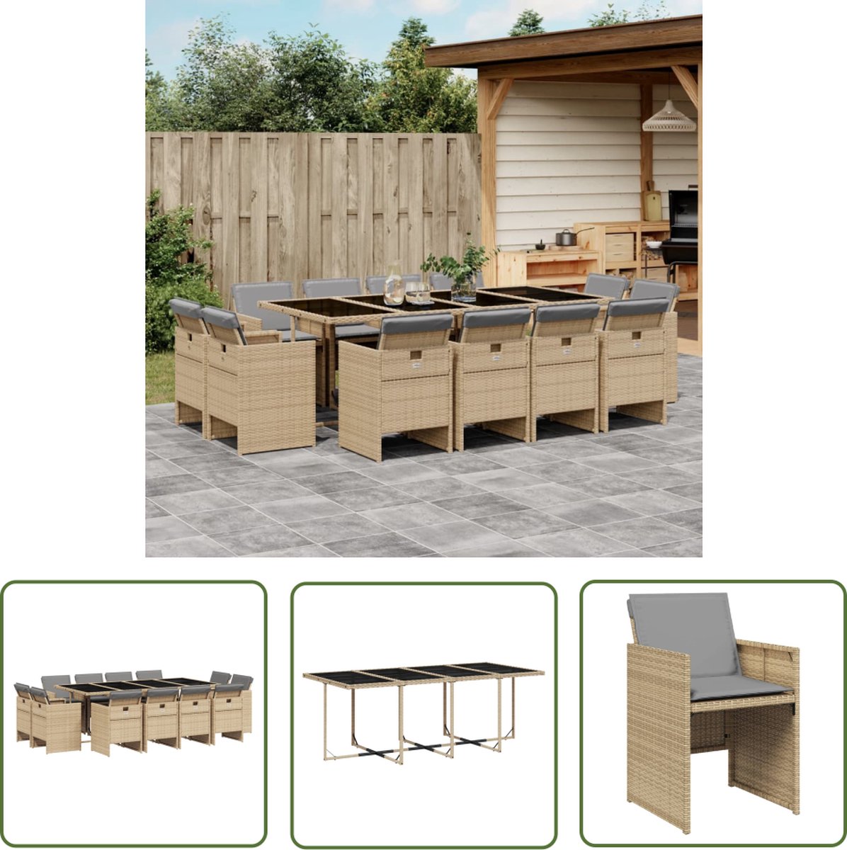 Tuinset met beige poly rattan kussens en tuintafel met stoelen.