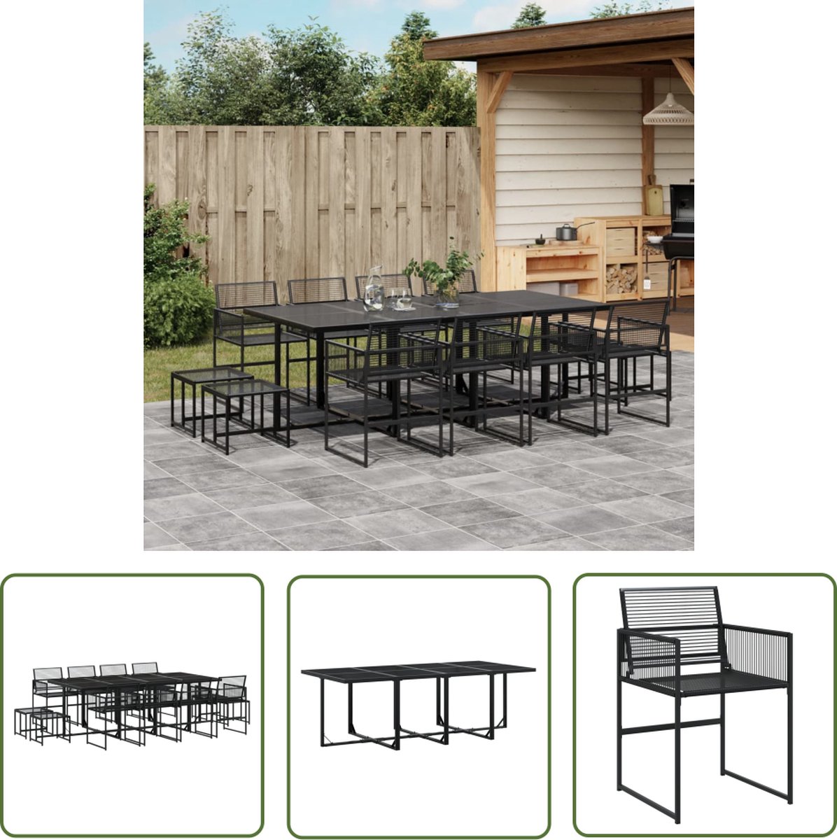 Zwarte poly rattan tuinset met eettafel, tuinstoelen en lounge set.
