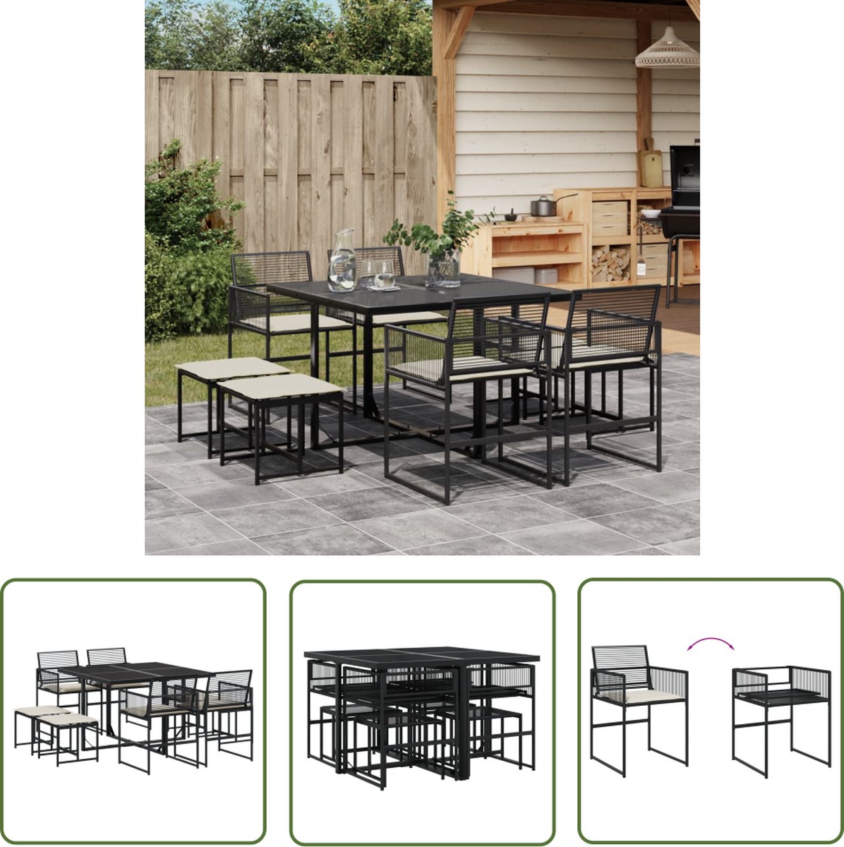 The Living Store 9-delige Tuinset poly rattan zwart - Tuinset - Buitameubel - Lounge Set - Eetkamerset - Veranda