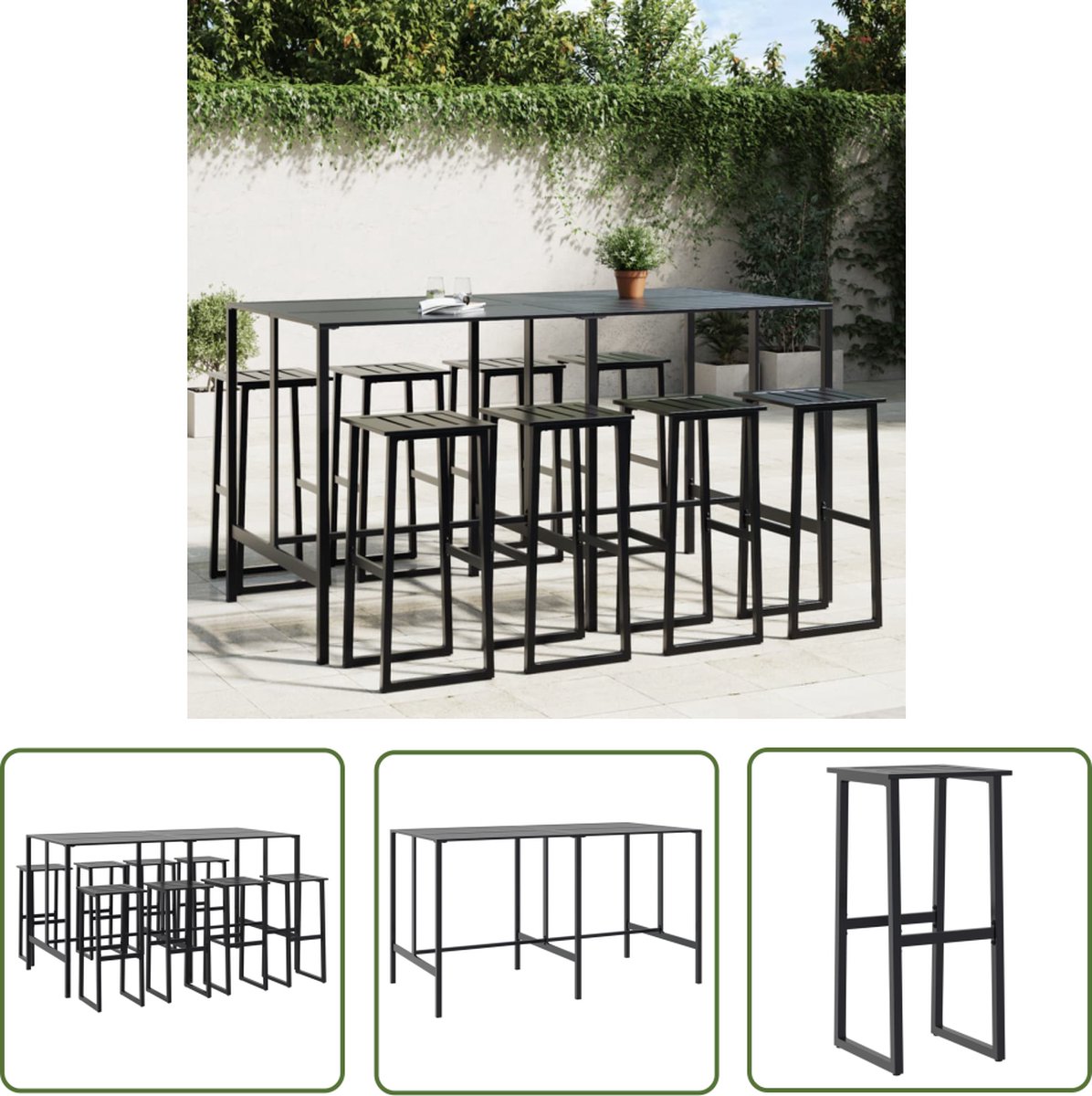 Zwarte 9-delige Tuinbarset van gepoedercoat staal - Bistrostoelen en Buitentafel.