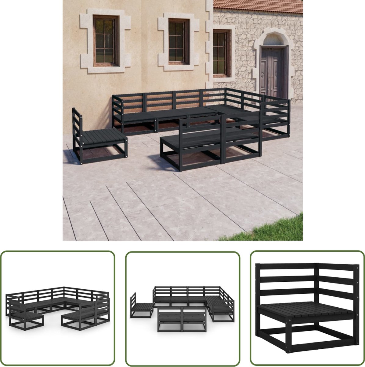 The Living Store 9-delige Loungeset massief grenenhout zwart - Tuinstoel - Lounge Set - Houten Bank - Buitentijdbank - Tuinset
