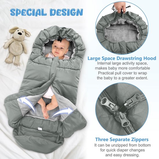 Thermische slaapzak voor kinderwagen - waterdichte en winddichte winterslaapzak - wasbare thermische babyslaapzak - waterdichte en winddichte kinderwagenaccessoires - geschikt voor baby's van 0-36 maanden (grijs) — afbeelding 4