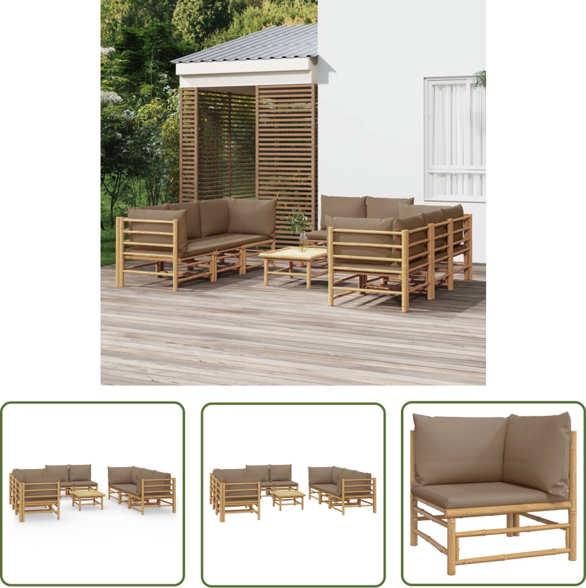 Bamboe tuin loungeset met taupe kussens - Buitendecoratie voor tuin.