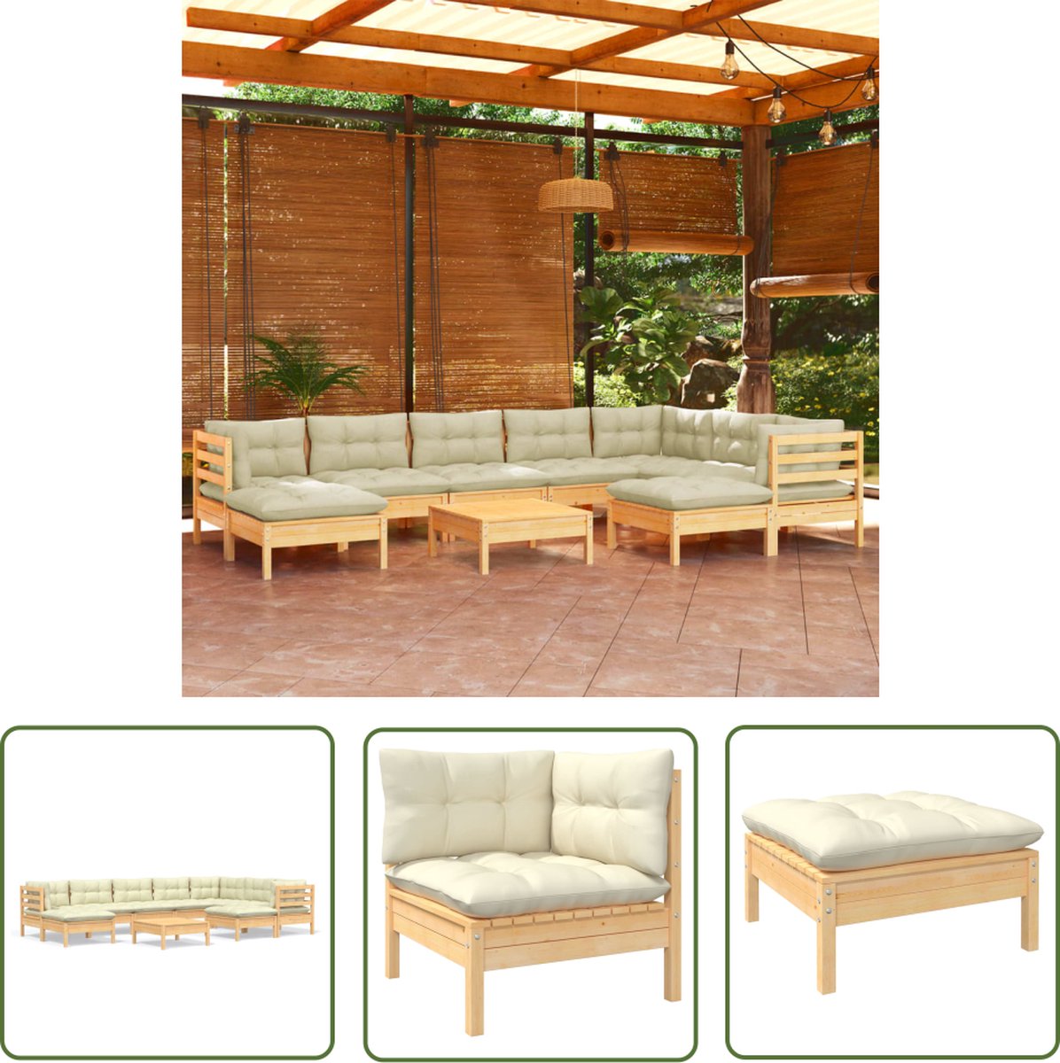 The Living Store 10-delige Loungeset met crèmekleurige kussens massief grenenhout - Loungeset - Tuinset - Houten Loungebank - Tuinmeubilair - Buitendecor