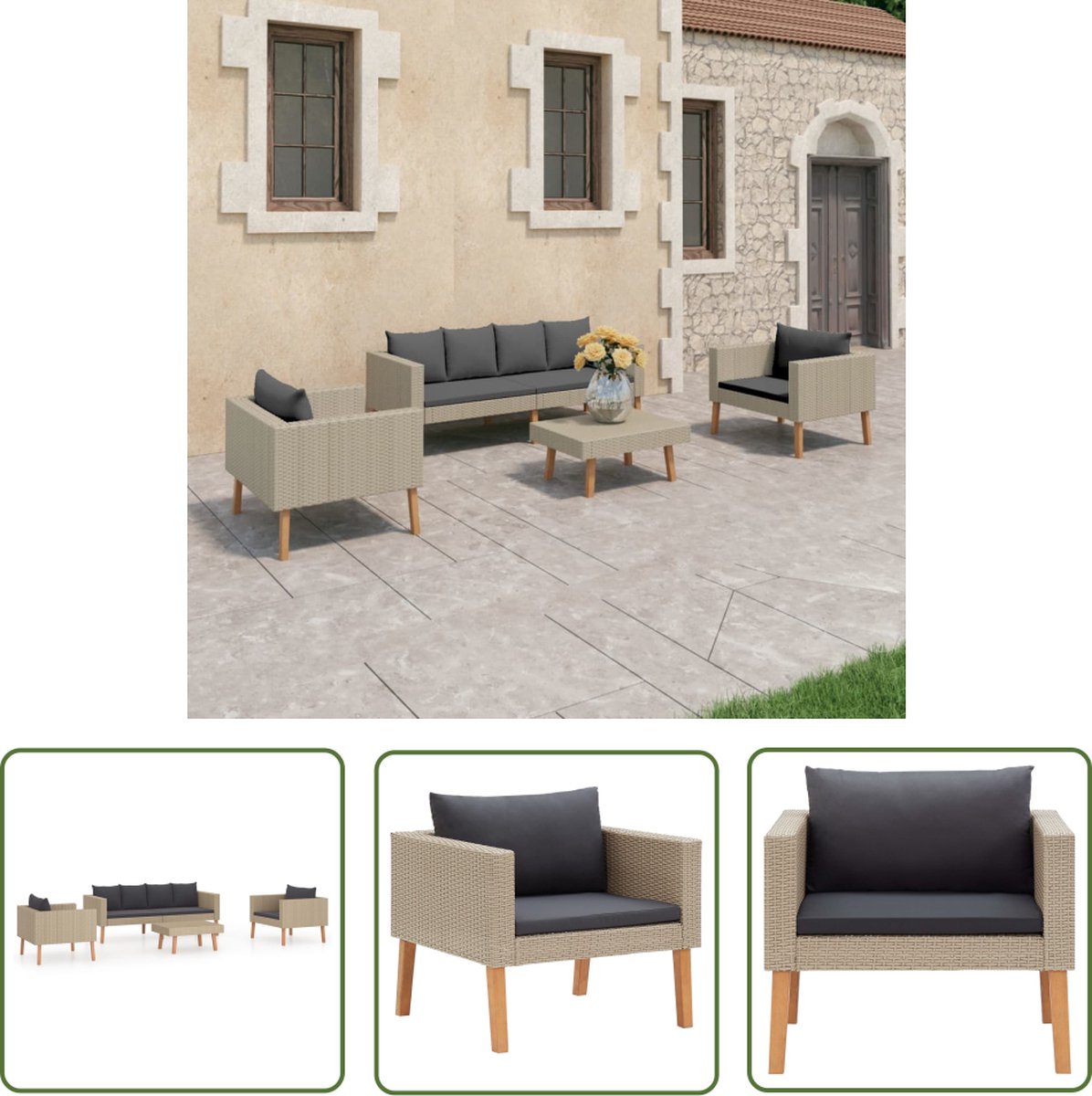 The Living Store 4-delige Loungeset met kussens poly rattan beige - Tuinstoel - Lounge Set - Buitendiner - Terrassenset - Loungestoel