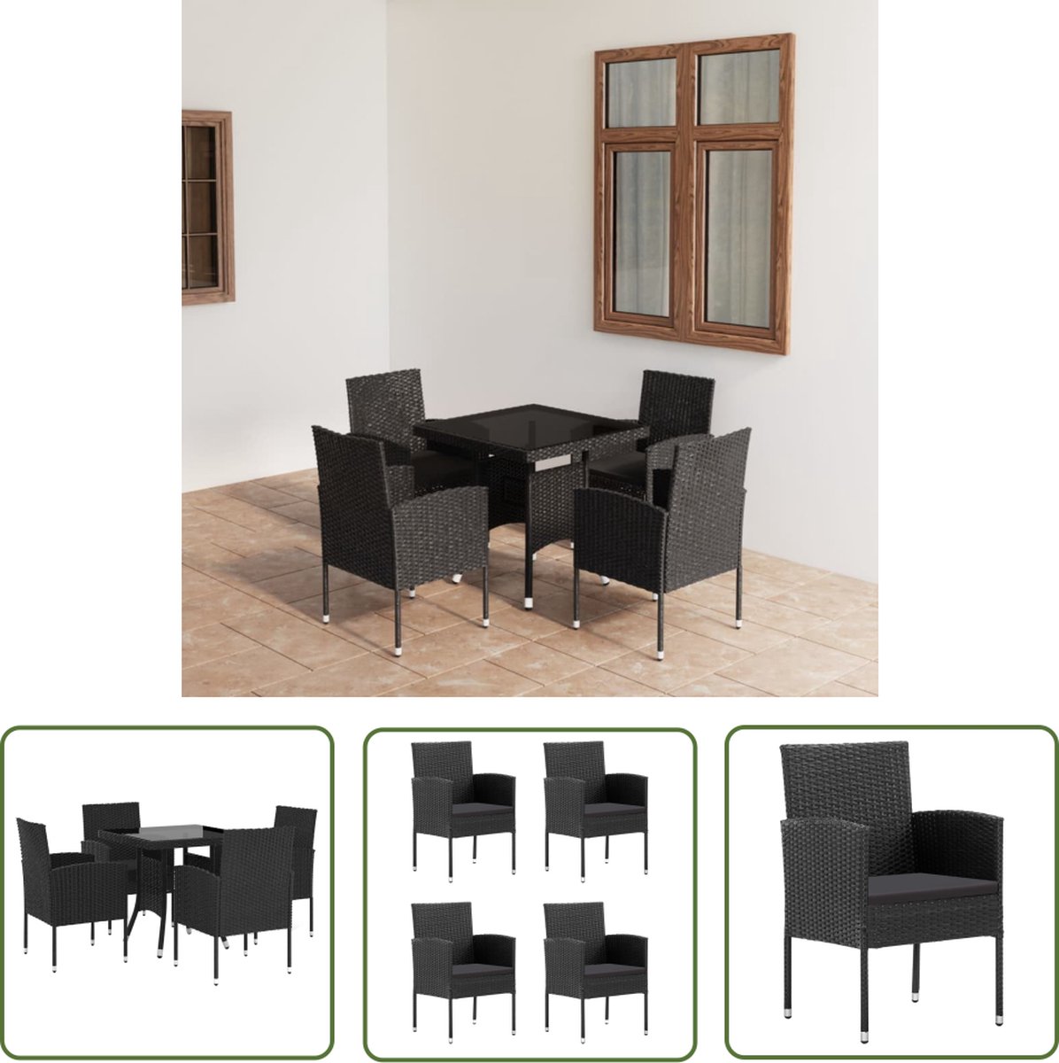 The Living Store 5-delige Tuinset poly rattan zwart - Tuinstoel - Eetkamerset - Buitentijd - Lounge Set - Patio Meubels