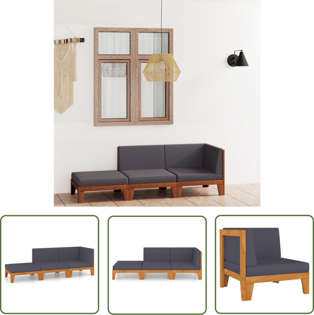 Loungeset van massief acaciahout met grijze kussens voor tuinmeubels.