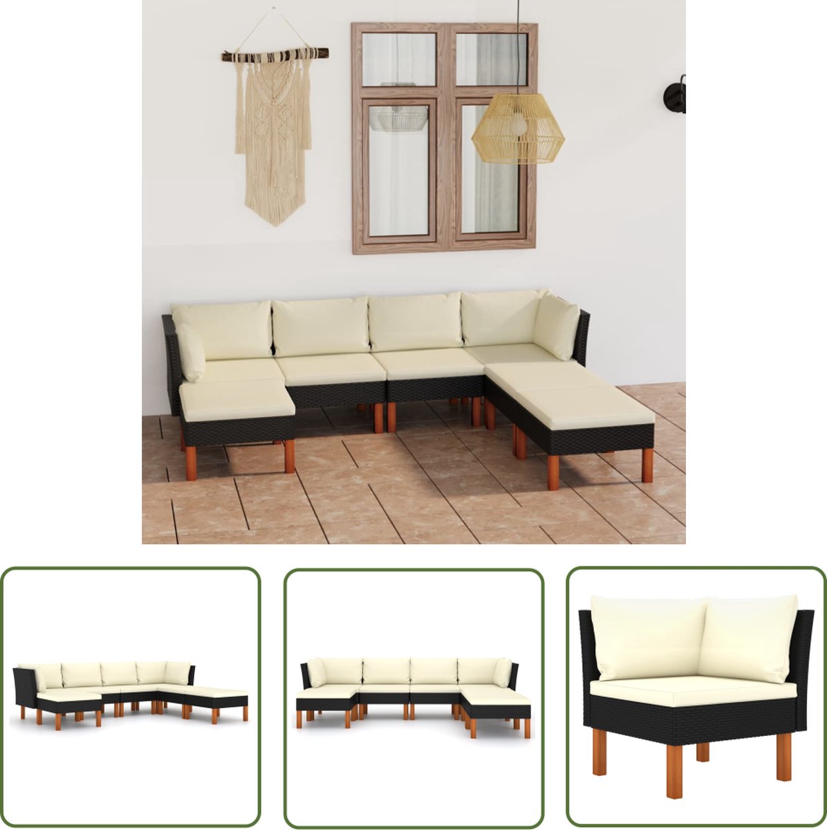 Zwarte polyrattan loungeset met kussens voor tuinmeubels en ontspanning.