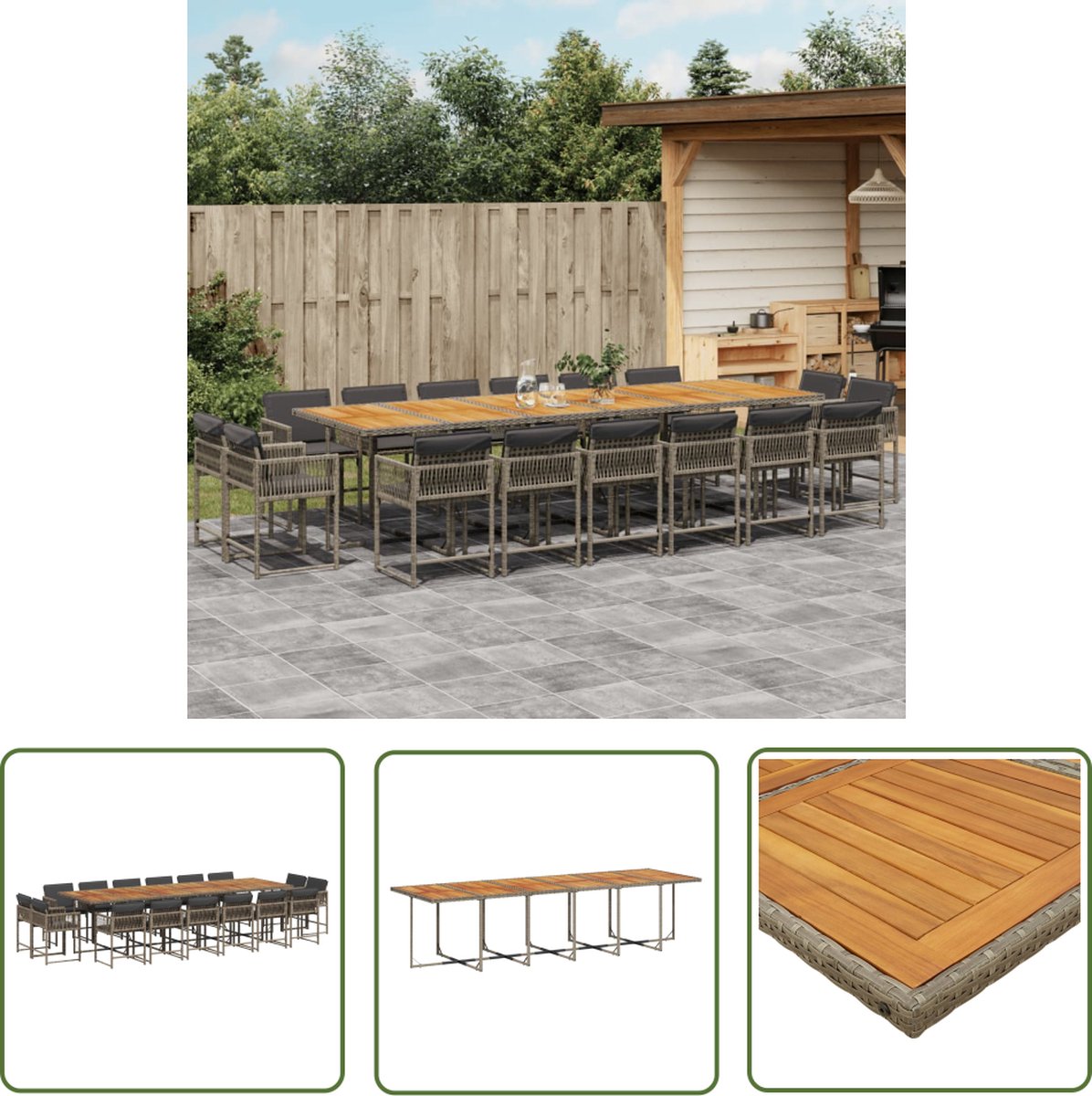 The Living Store 17-delige Tuinset met kussens poly rattan grijs - Tuinset - Buitendecoratie - Lounge Set - Eetkamerset - Pe Rattan