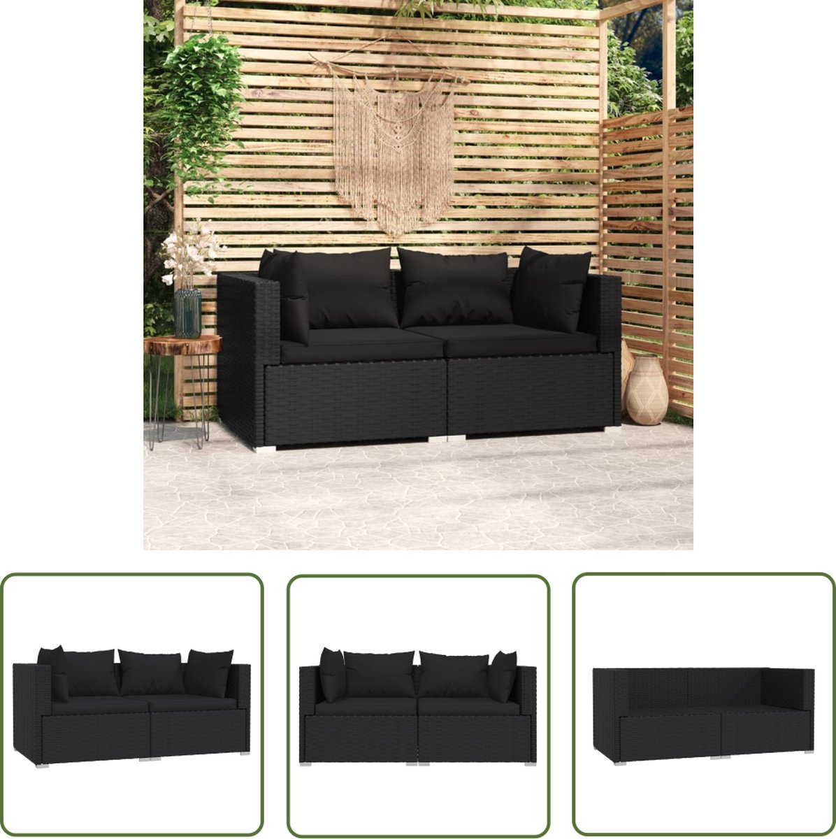The Living Store Tweezitsbank met kussens poly rattan zwart - Hoekbank - Tuinset - Lounge Set - Buitendecor - Outdoor Furniture