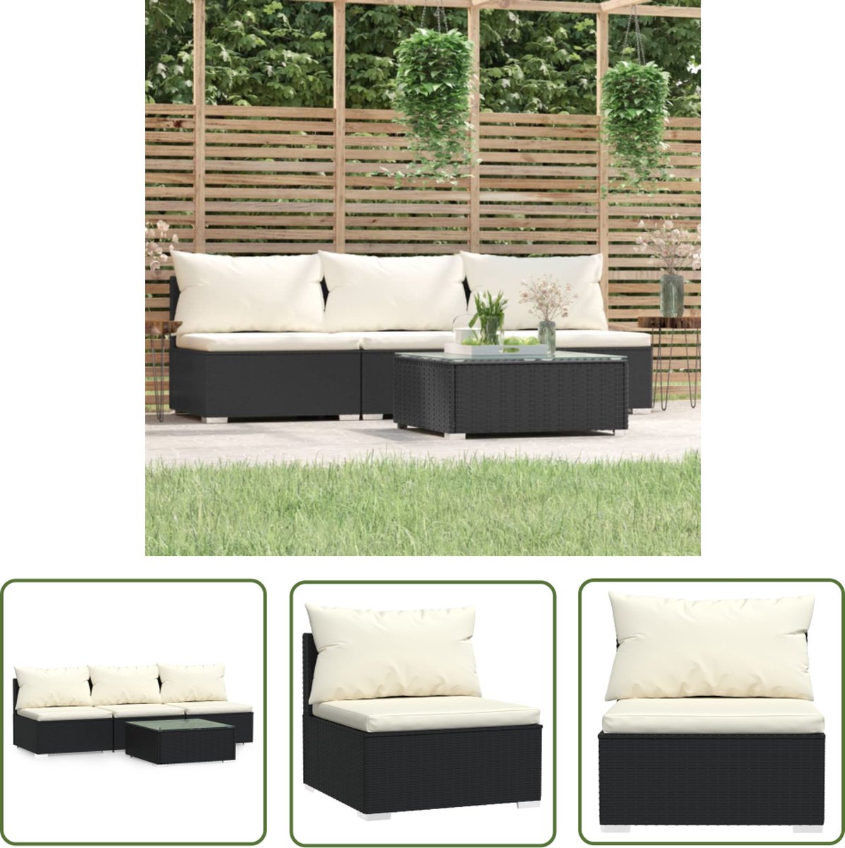 The Living Store 4-delige Loungeset met kussens poly rattan zwart - Tuinstoel - Lounge Set - Buitendecoratie - Outdoor Furniture - Gardenfurniture