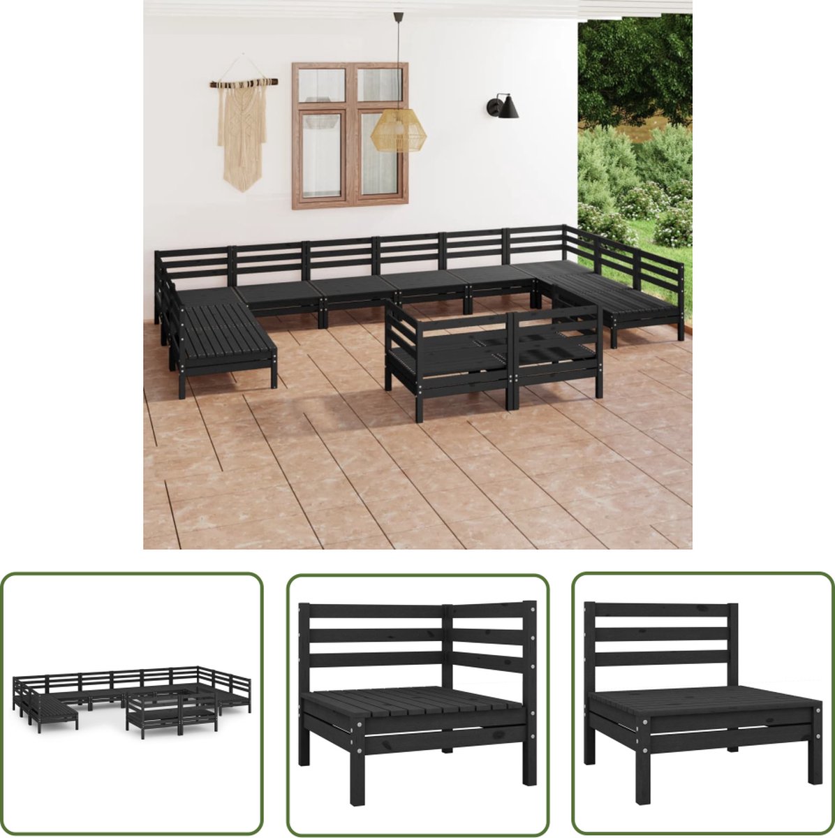 The Living Store 12-delige Loungeset massief grenenhout zwart - Tuinlounge - Lounge Set - Buitenmeubels - Hout - Zwarte Lounge Set