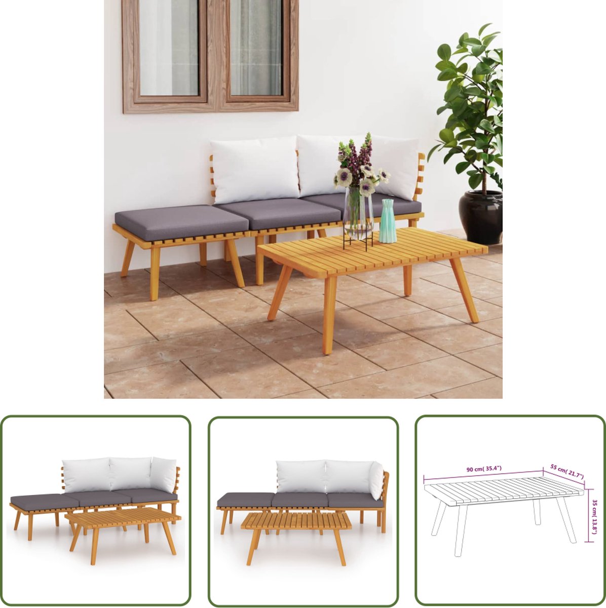 The Living Store 4-delige Loungeset met kussens massief acaciahout - Tuinlounge - Lounge Set - Acacia Hout - Outdoor Furniture - Tuinset