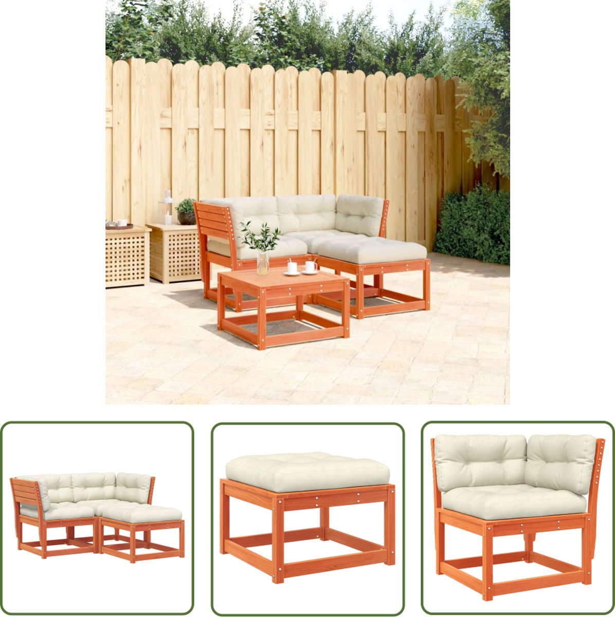 Hoekbank loungeset van massief grenenhout in wasbruine kleur met kussens.