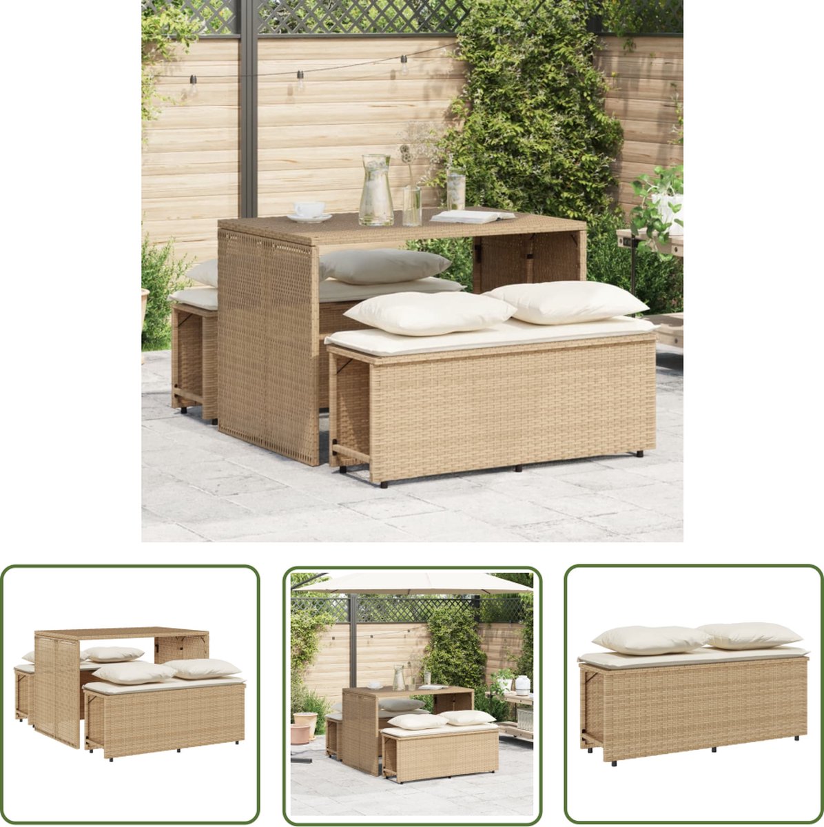 The Living Store 3-delige Tuinset met kussens poly rattan beige - Tuinset - PE-rattan - Buis Meubel - Outdoor Furniture - Lounge Set