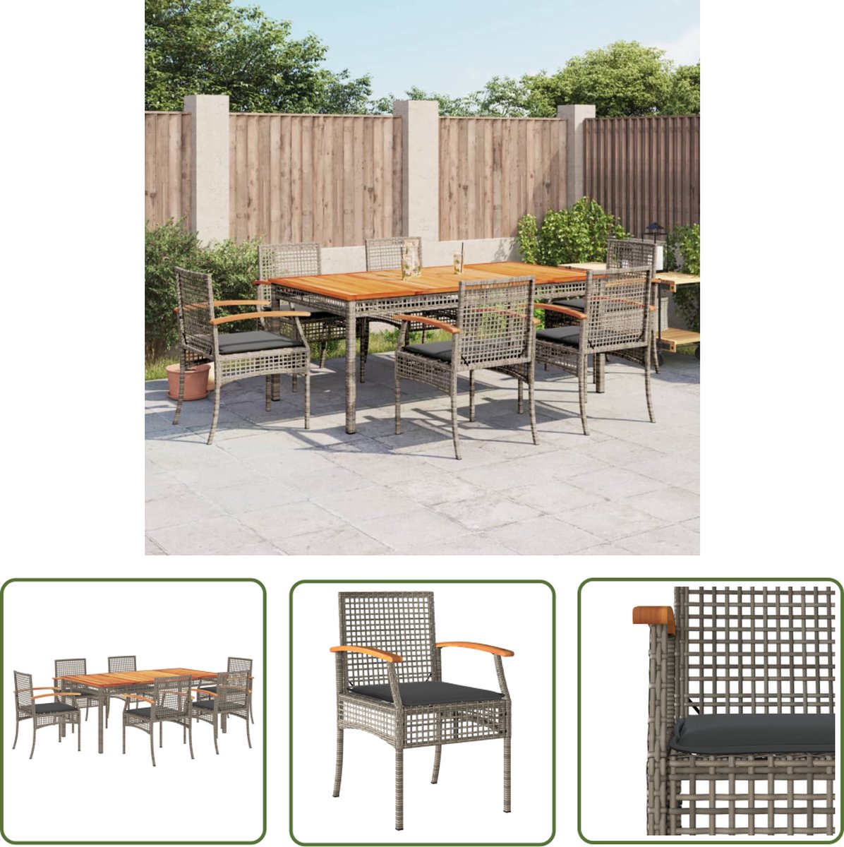The Living Store 7-delige Tuinset met kussens poly rattan grijs - Tuinset - Buitentijd - Lounge Set - Eetkamerset - Patio Furniture