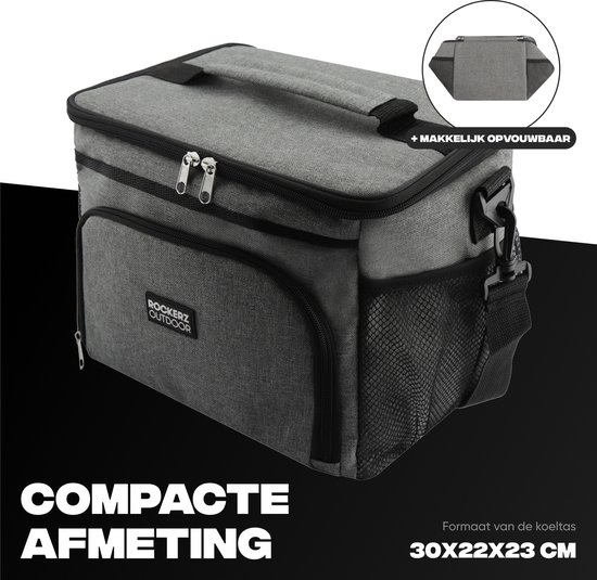 Rockerz Koeltas - 4 laags geïsoleerde - Incl. 2 koelelementen - 15 liter - Lunchtas - Picknicktas - Capaciteit voor 24x 33 cl blikken of 12x 33 cl flesjes - Slijtvast en duurzaam materiaal - Waterdicht en vuilafstotend - kleur: Grijs van Rockerz. — afbeelding 4