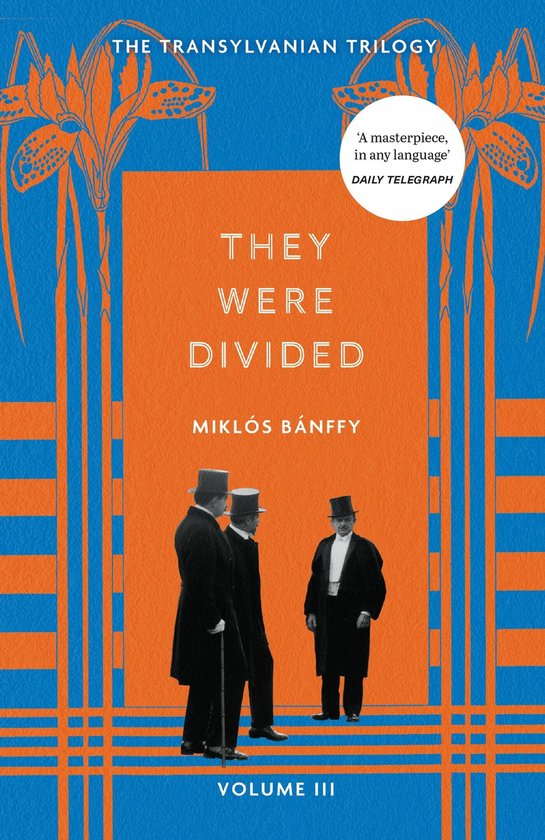 Boekomslag voor 'They Were Divided' met drie mannen in pak en hoeden, tegen een blauw-oranje gestreepte achtergrond.