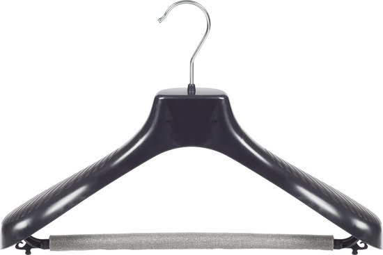 De Kledinghanger Gigant - 30 X Mantelhanger / Kostuumhanger Kunststof Zwart Met Schouderverbreding En Anti Slip Broeklat 42 Cm